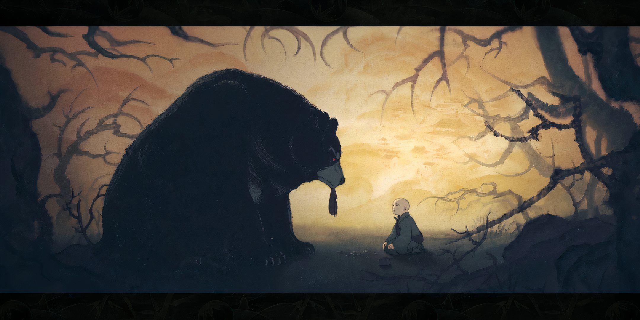 Young Jinchi looking up scared at the giant black bear in beautiful animated art style.