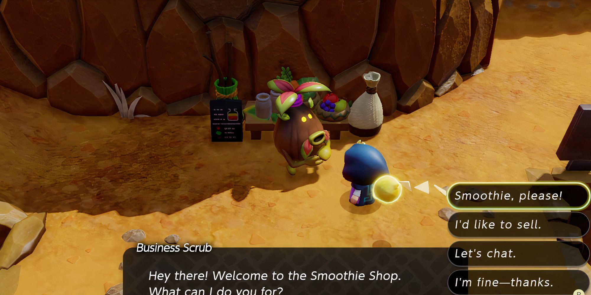 Zelda talking to Business Scrub at their smoothie stand in Echoes of Wisdom.