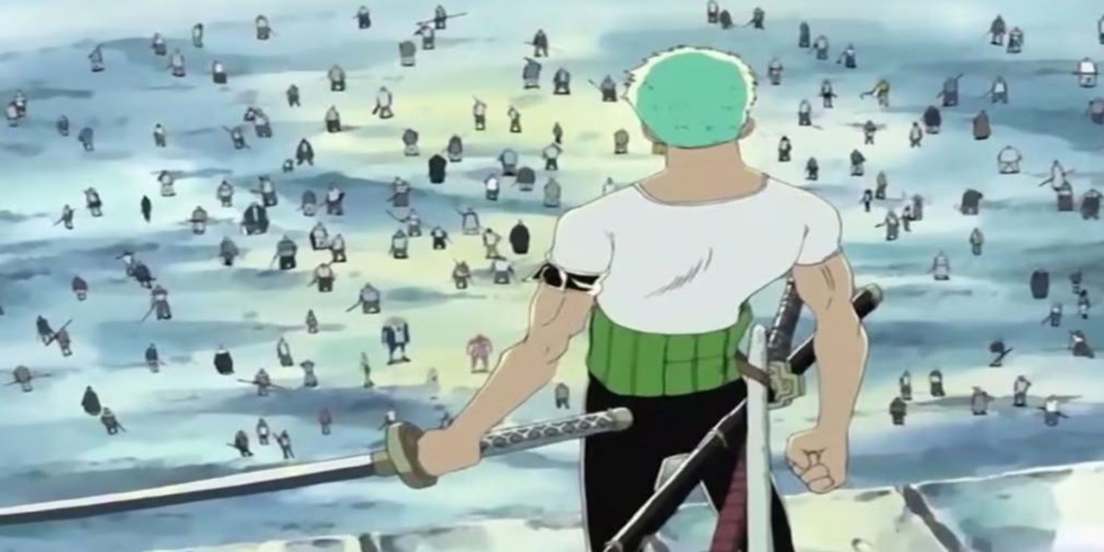 Zoro facing the Whisky Peak villagers in a fight in the One Piece anime.