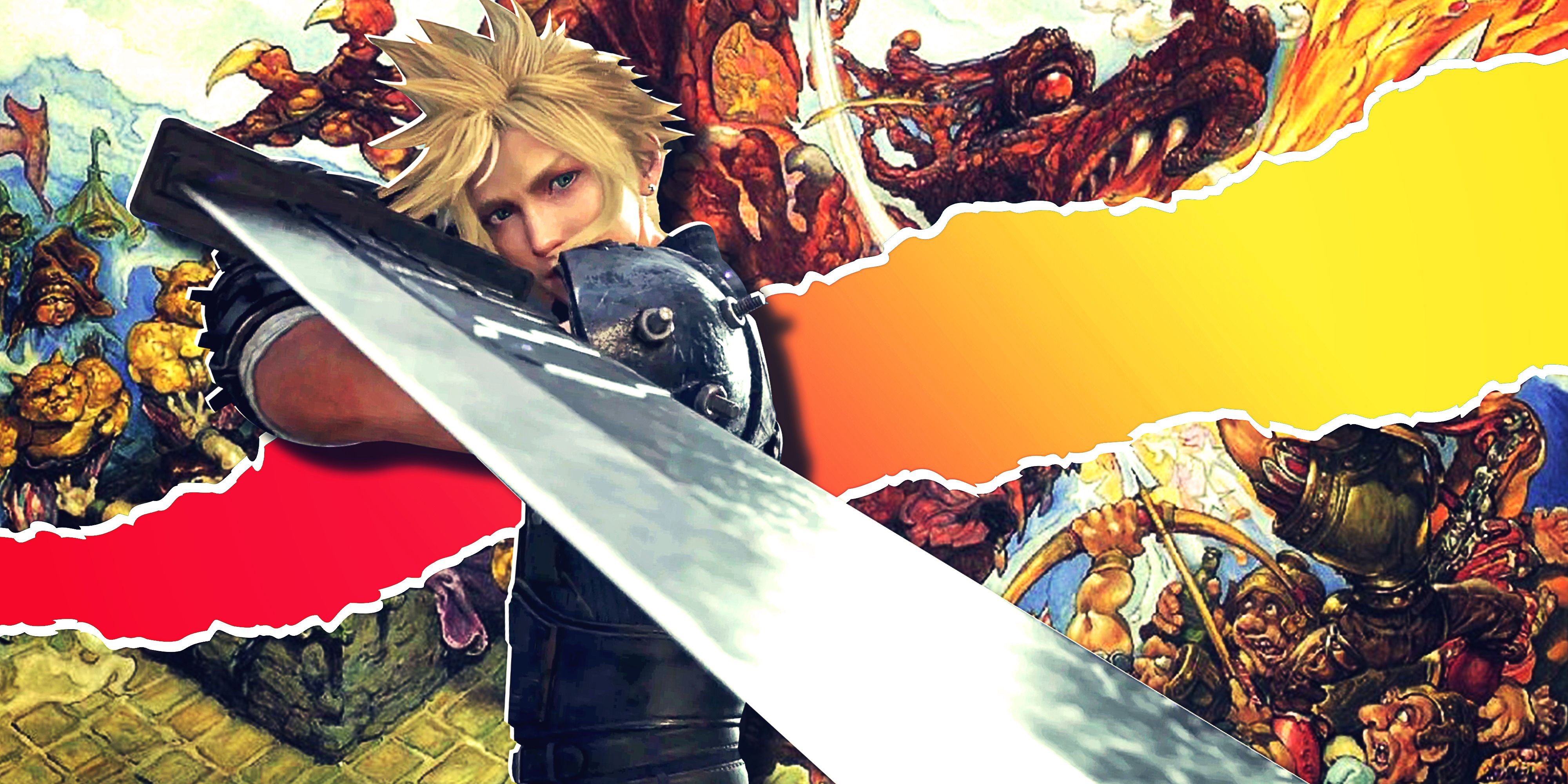 Cloud brandishing his Buster sword with Discworld cover art in the background
