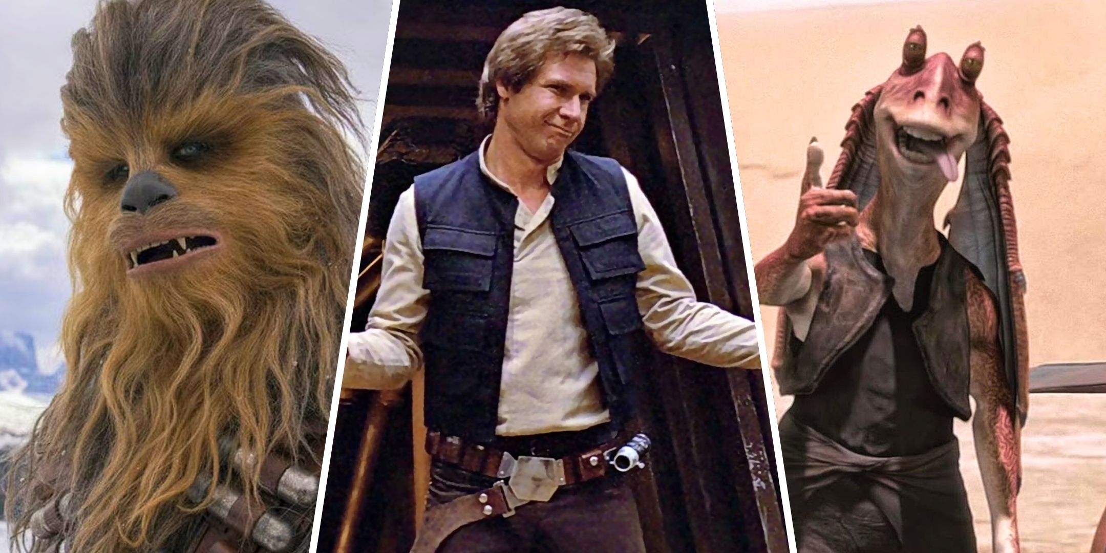 A split image of Chewbacca from Solo: A Star Wars Story, Han Solo in Return of the Jedi, and Jar Jar Binks in The Phantom Menace.
