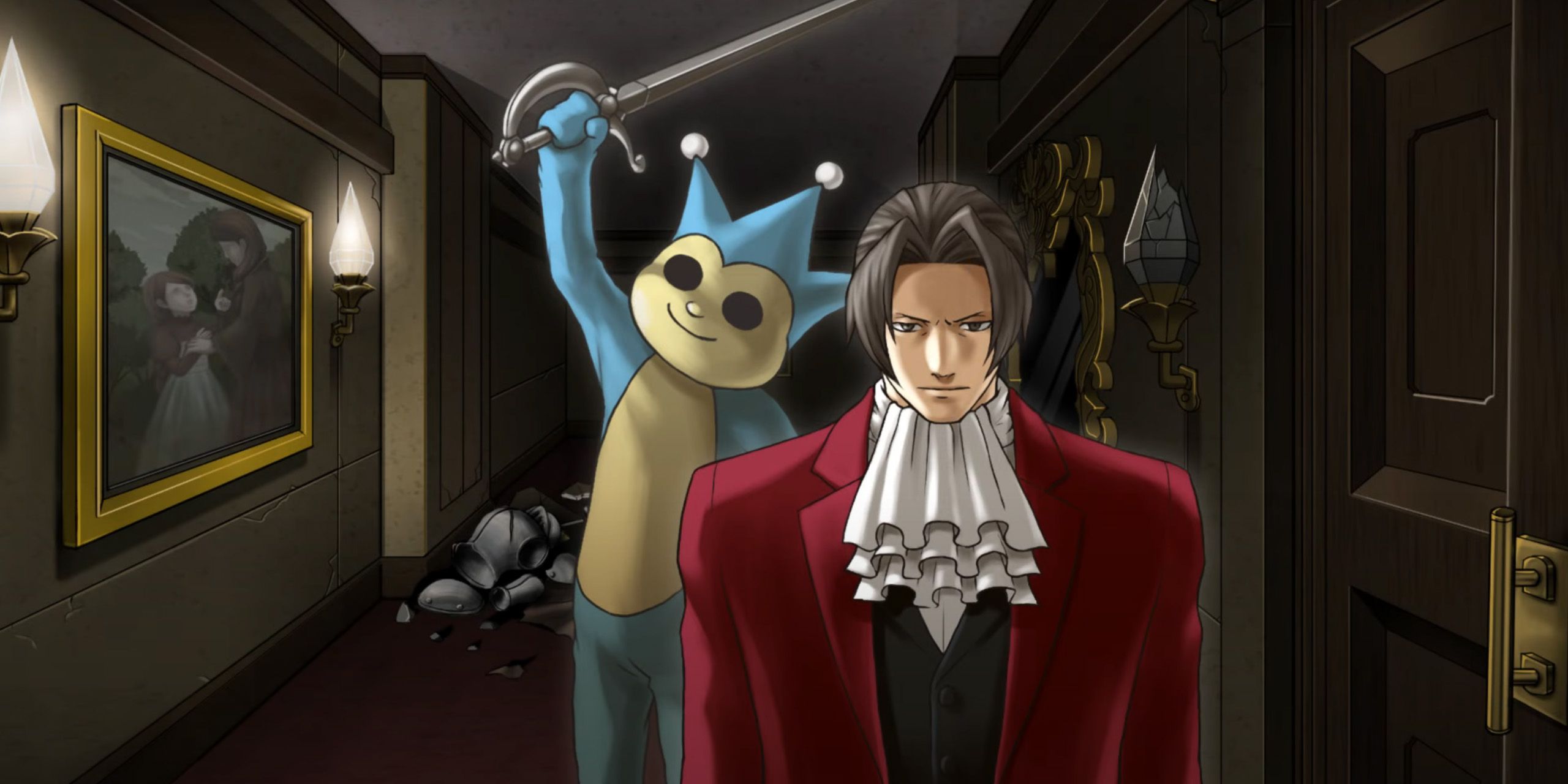 Miles Edgeworth walking through a haunted house while a sword-wielding Proto Badger sneaks up behind him from Ace Attorney Investigations.