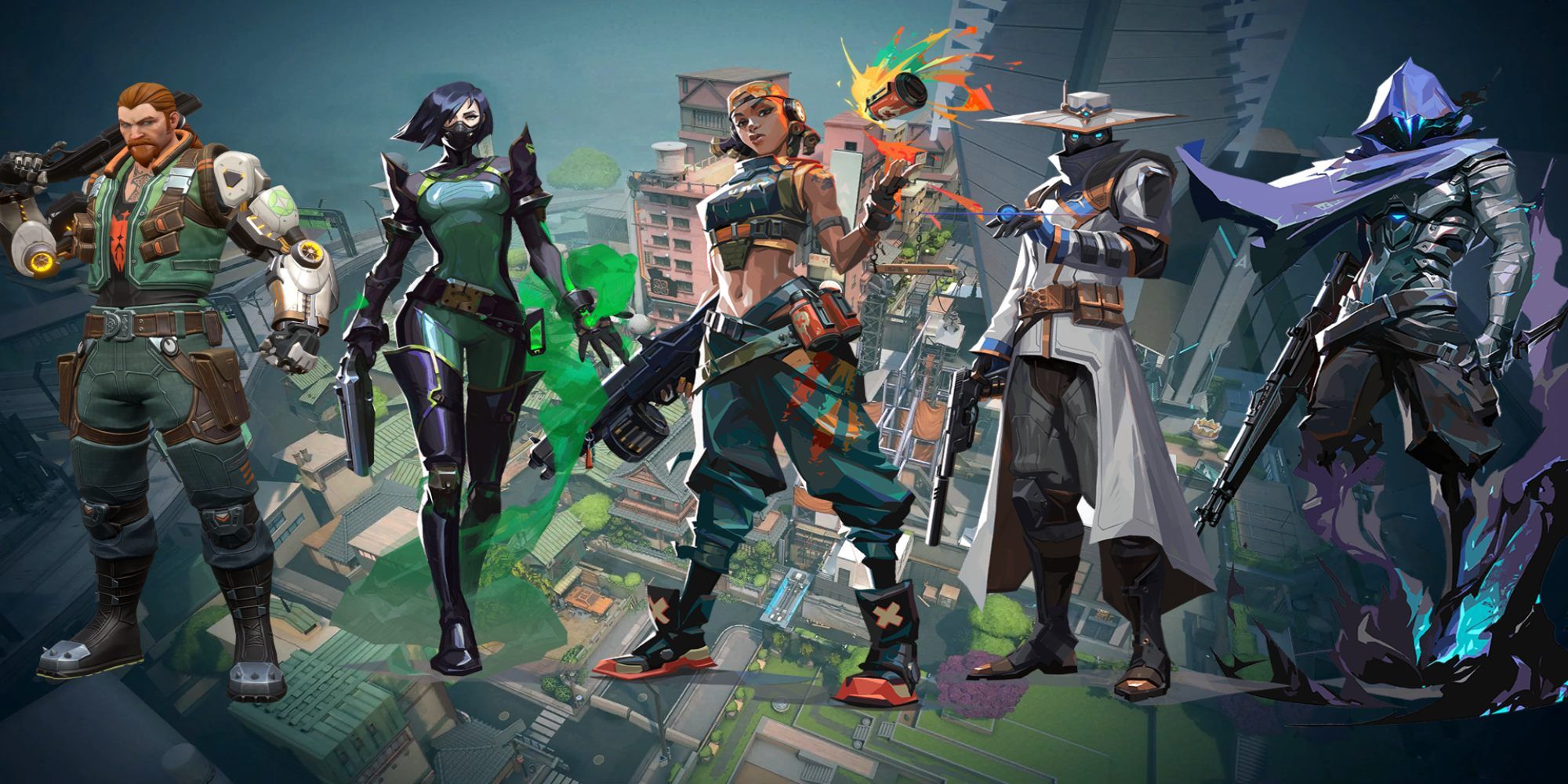 An image showing Breach, Viper, Raze, Cypher and Omen in Valorant on the Split background.