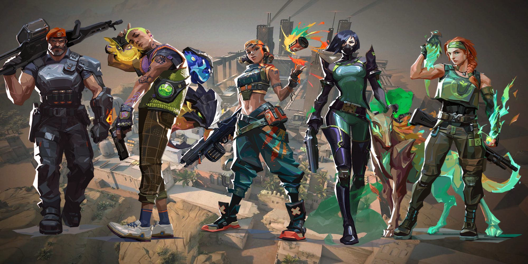 An image showing Gekko, Brimstone, Raze, Viper and Skye on the Bind loading screen in Valorant.