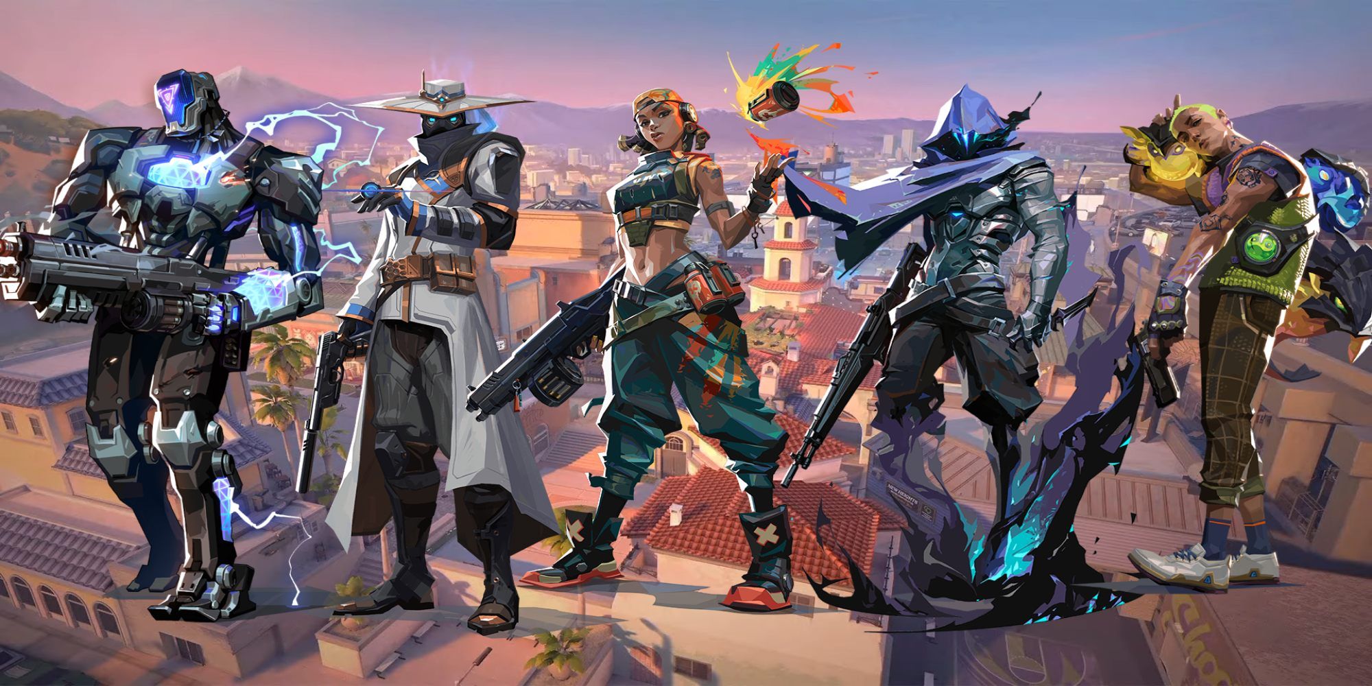 An image showing KayO, Cypher, Raze, Omen and Gekko in Sunset in Valorant.