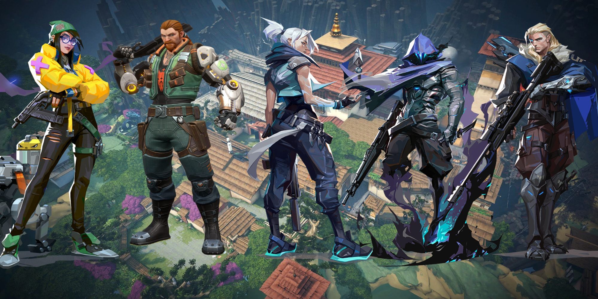 An image showing Killjoy, Breach, Jett, Omen and Sova on the Haven background in Valorant.
