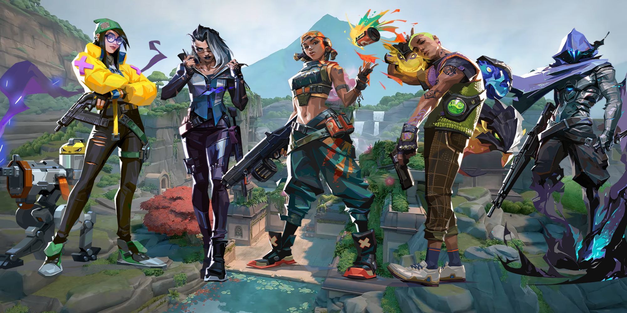An image showing Killjoy, Fade, Raze, Gekko and Omen in Lotus in Valorant.