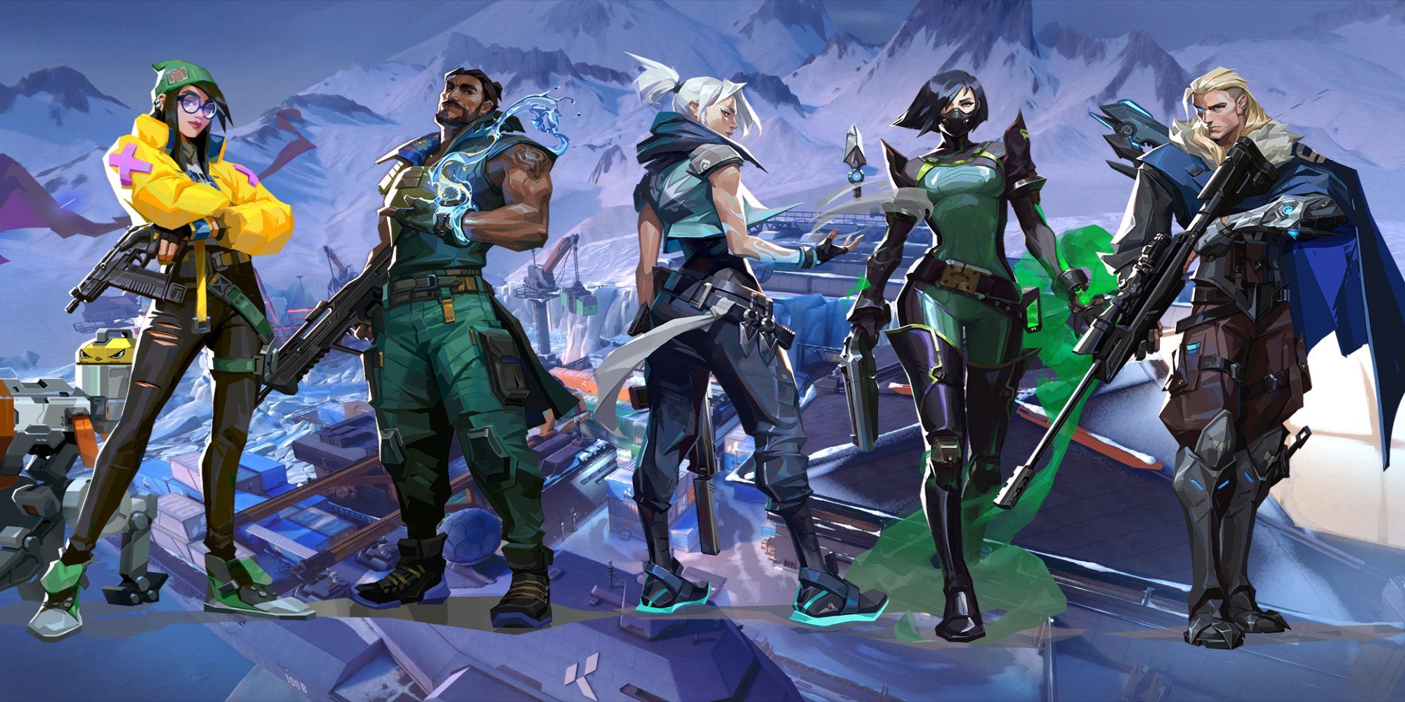 An image showing Killjoy, Harbor, Jett, Viper and Sova in Icebox in Valorant.