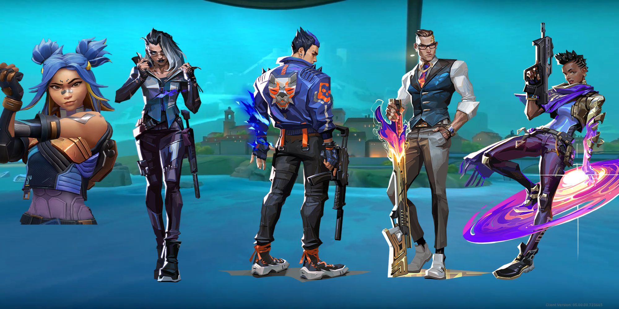 An image showing Neon, Fade, Yoru, Chamber and Astra on Pearl in Valorant.