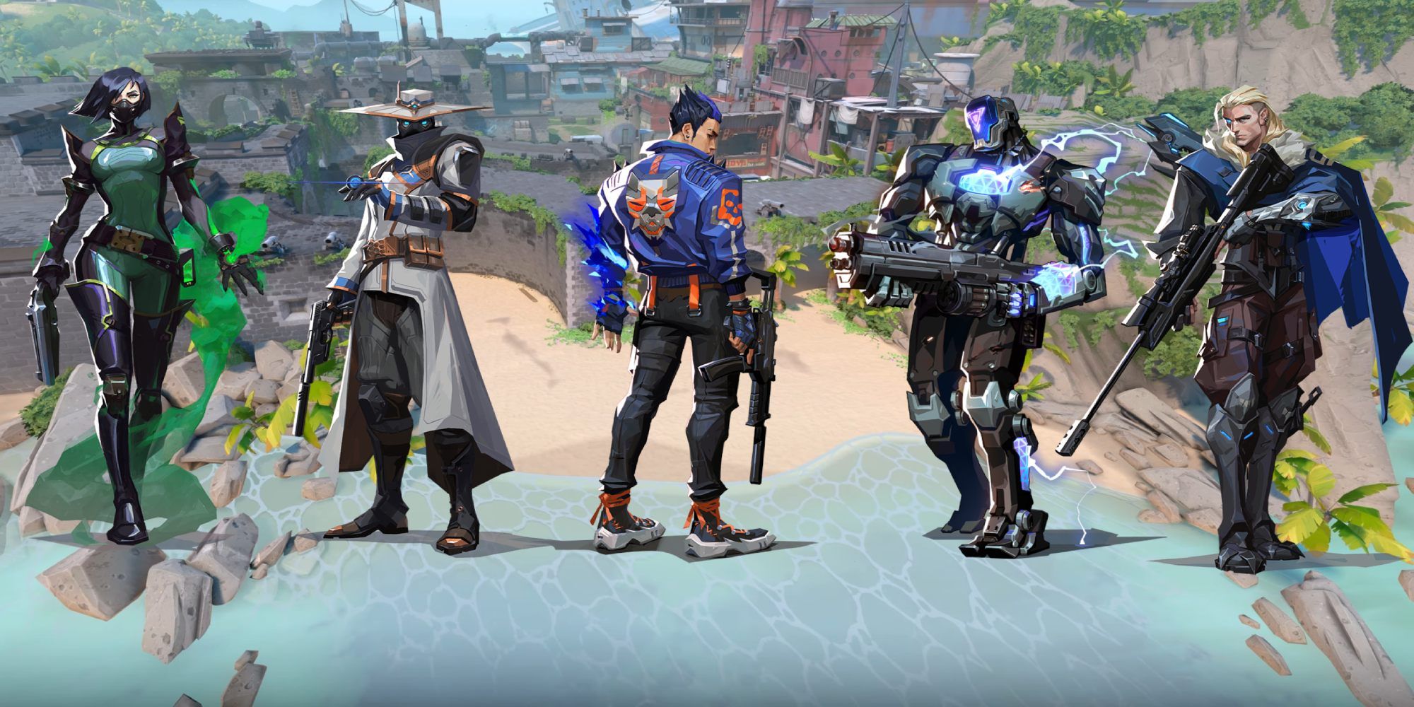 An image showing Viper, Cypher, Yoru, KayO and Sova in Valorant on Breeze.