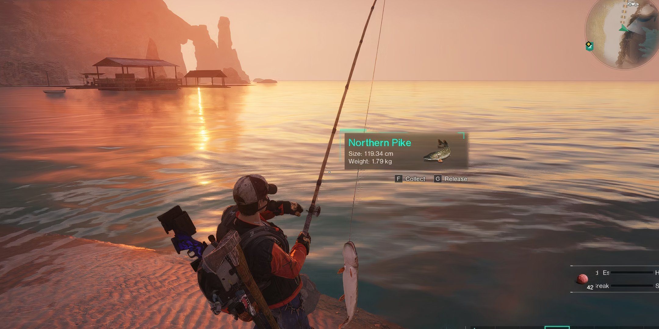 Catching a pike in red sands against a sunset in the background in Once Human.