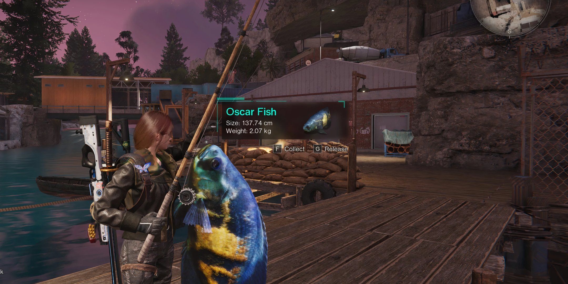 Catching an Oscar Fish in Iron River in Once Human.