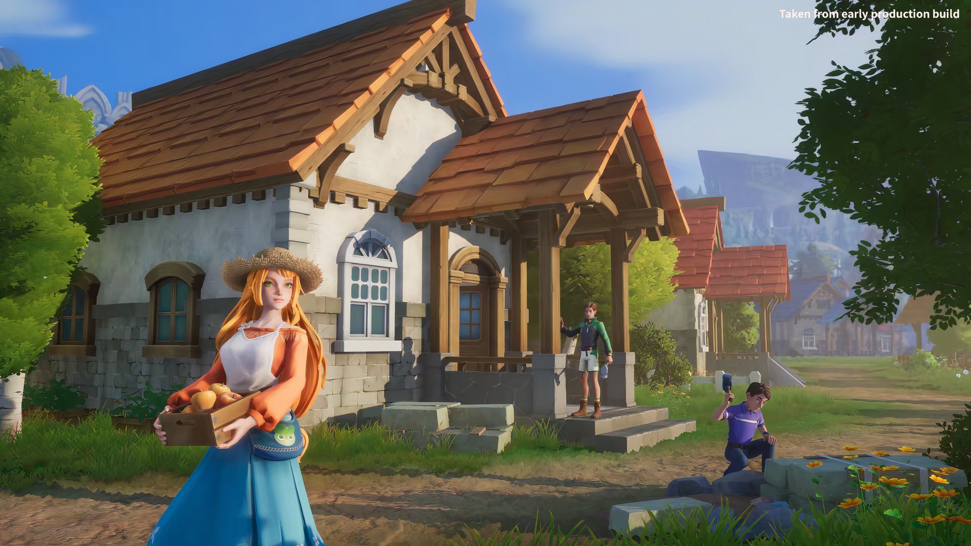 Characters outside a house in My Time at Evershine.