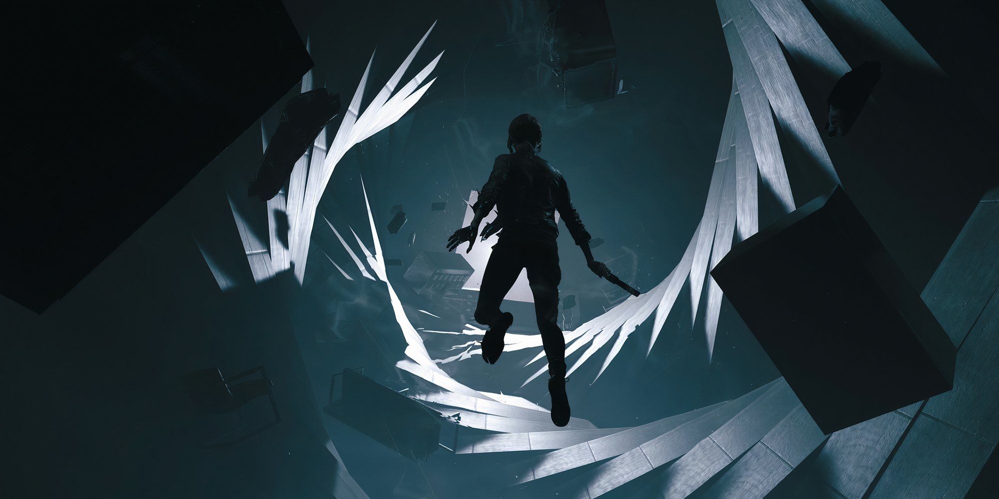 Image from Control, a distorted environment with the protagonist, Jesse Faden, at the center.