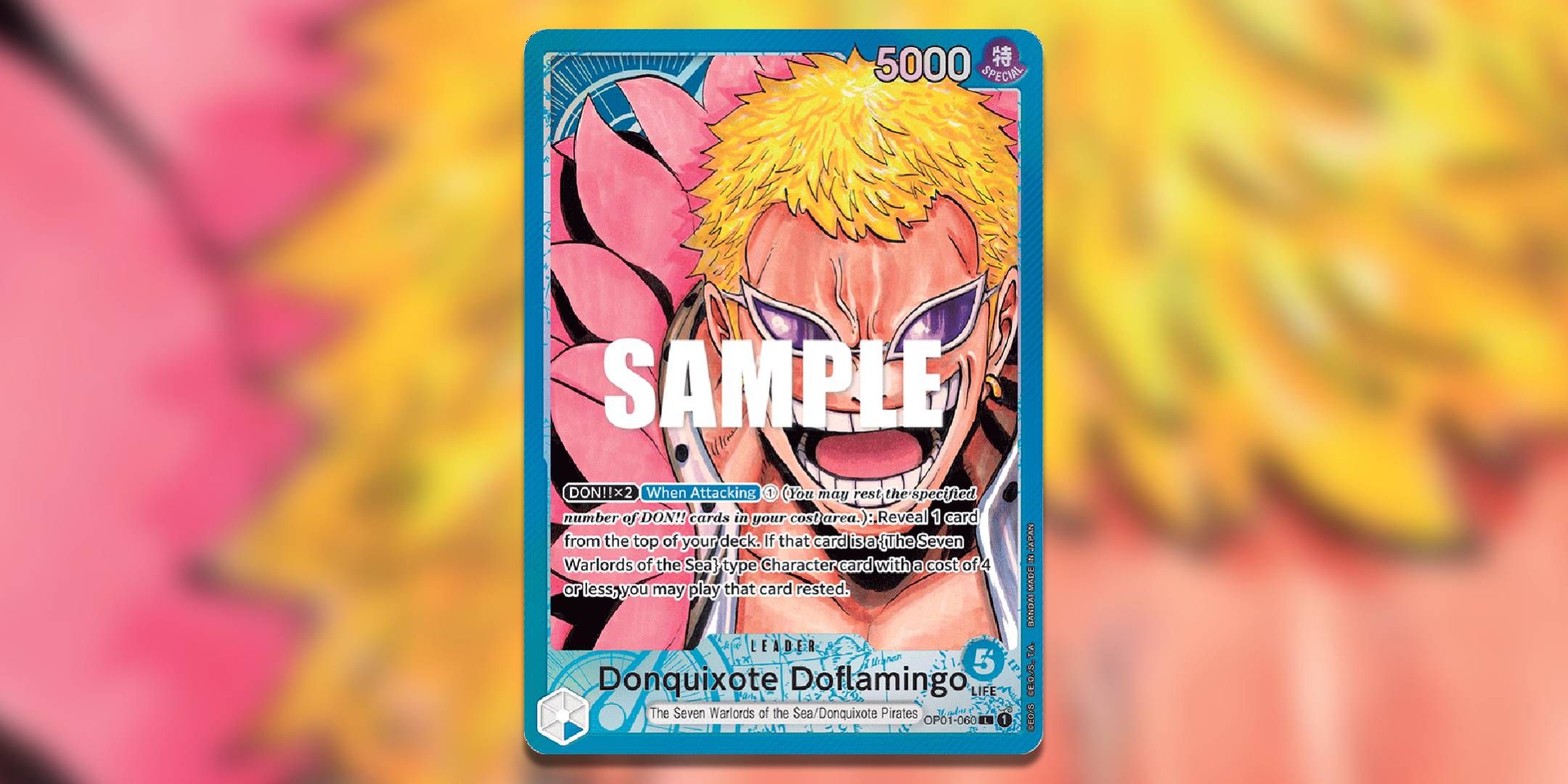 Donquixote Doflamingo alternate art leader from OP-01 with a gaussian blur background.