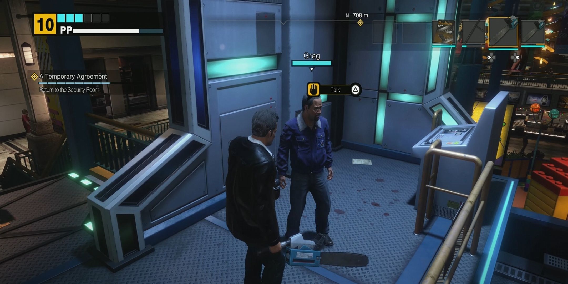 Frank West holding the mini chainsaw in Dead Rising Deluxe Remaster.
