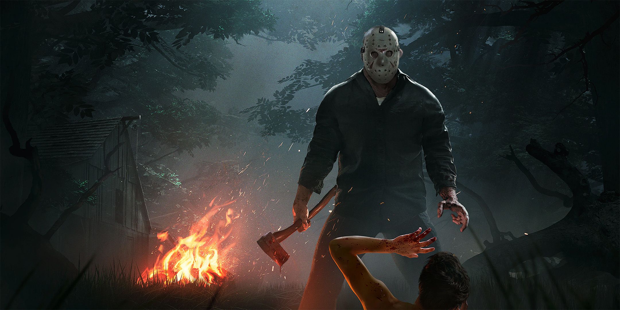Jason Voorhees holding an axe while standing over a scared person in a dark forest from Friday the 13th: The Game.