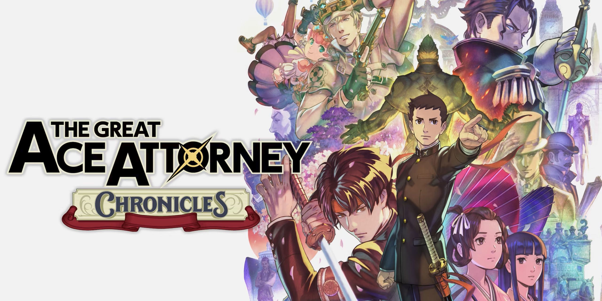 Ryunosuke Naruhodo standing in front of the main cast from The Great Ace Attorney Chronicles.