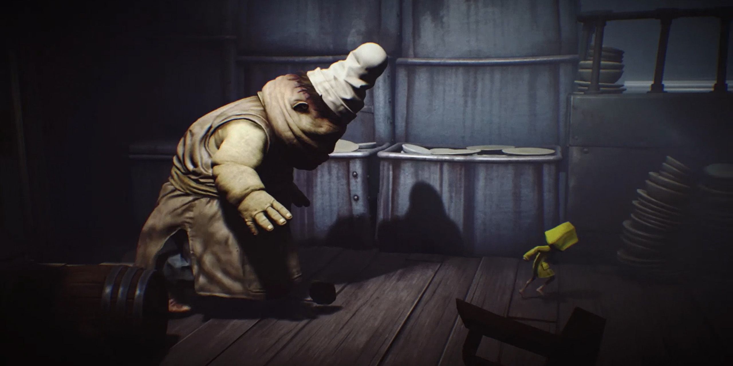 Six running away from one of the Twin Chefs from Little Nightmares.