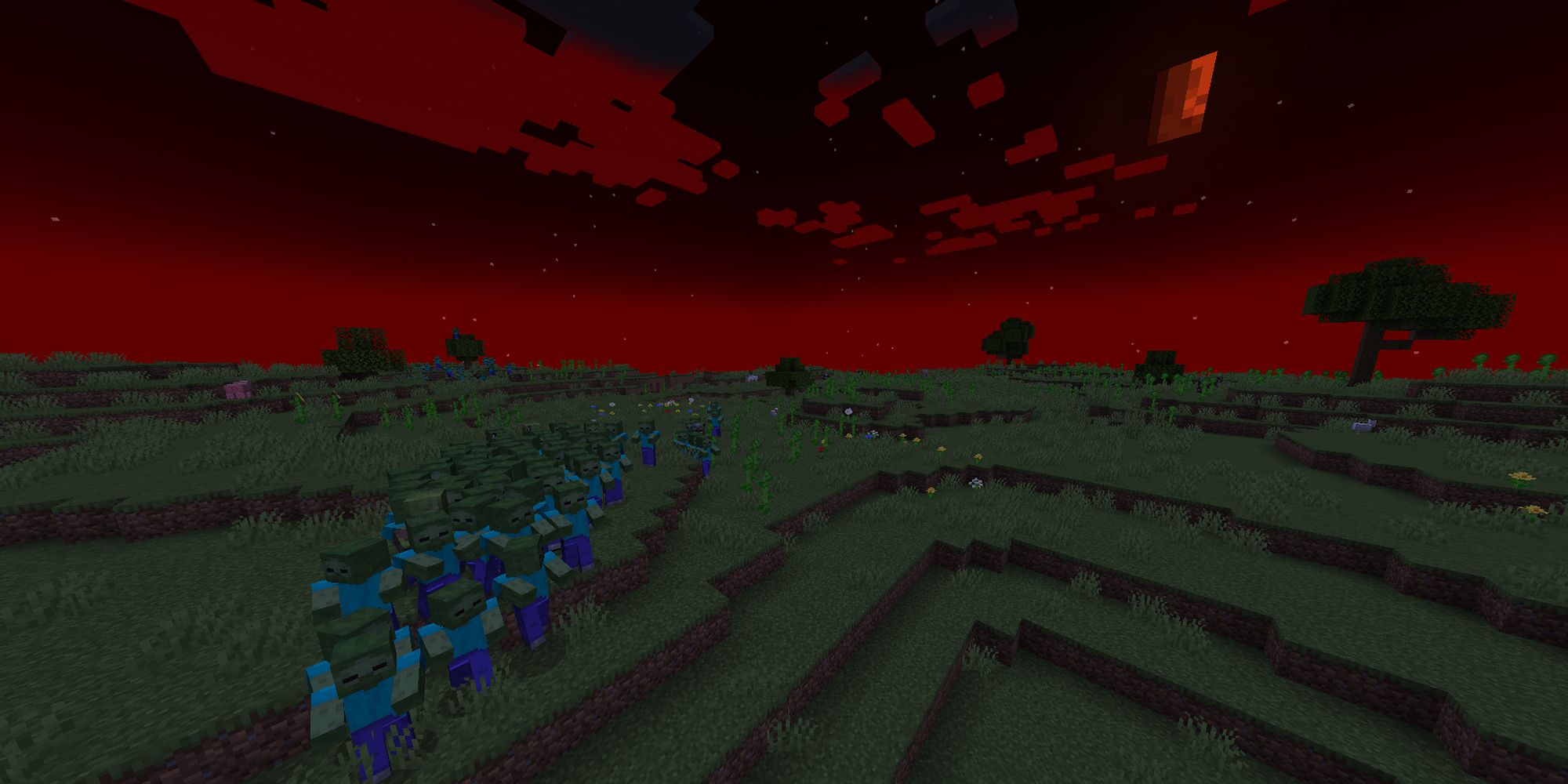 The red skies stretch over the infectious zombie hordes from Minecraft.