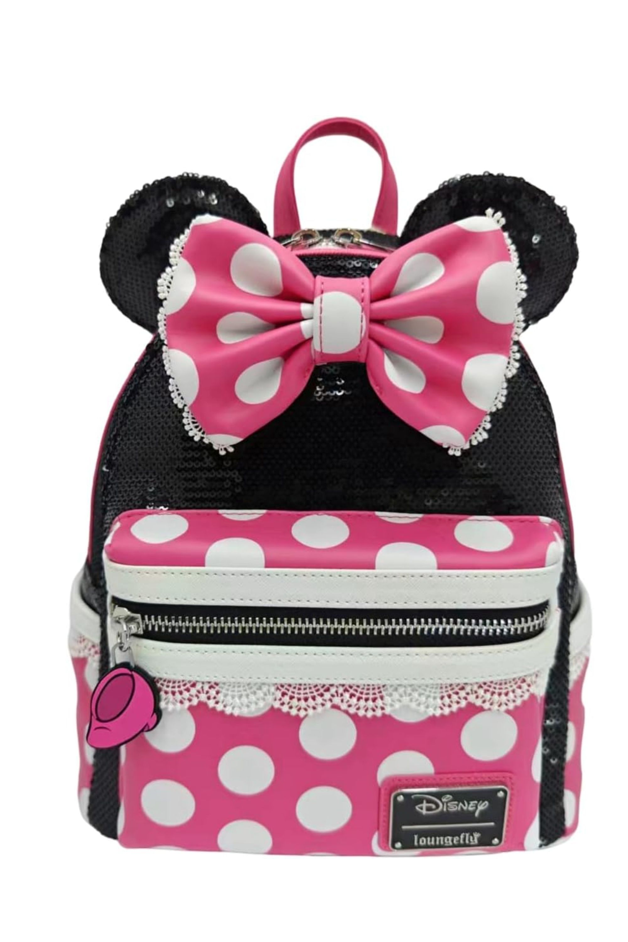 The pink Minnie Mouse x Loungefly mini backpack against a white background.