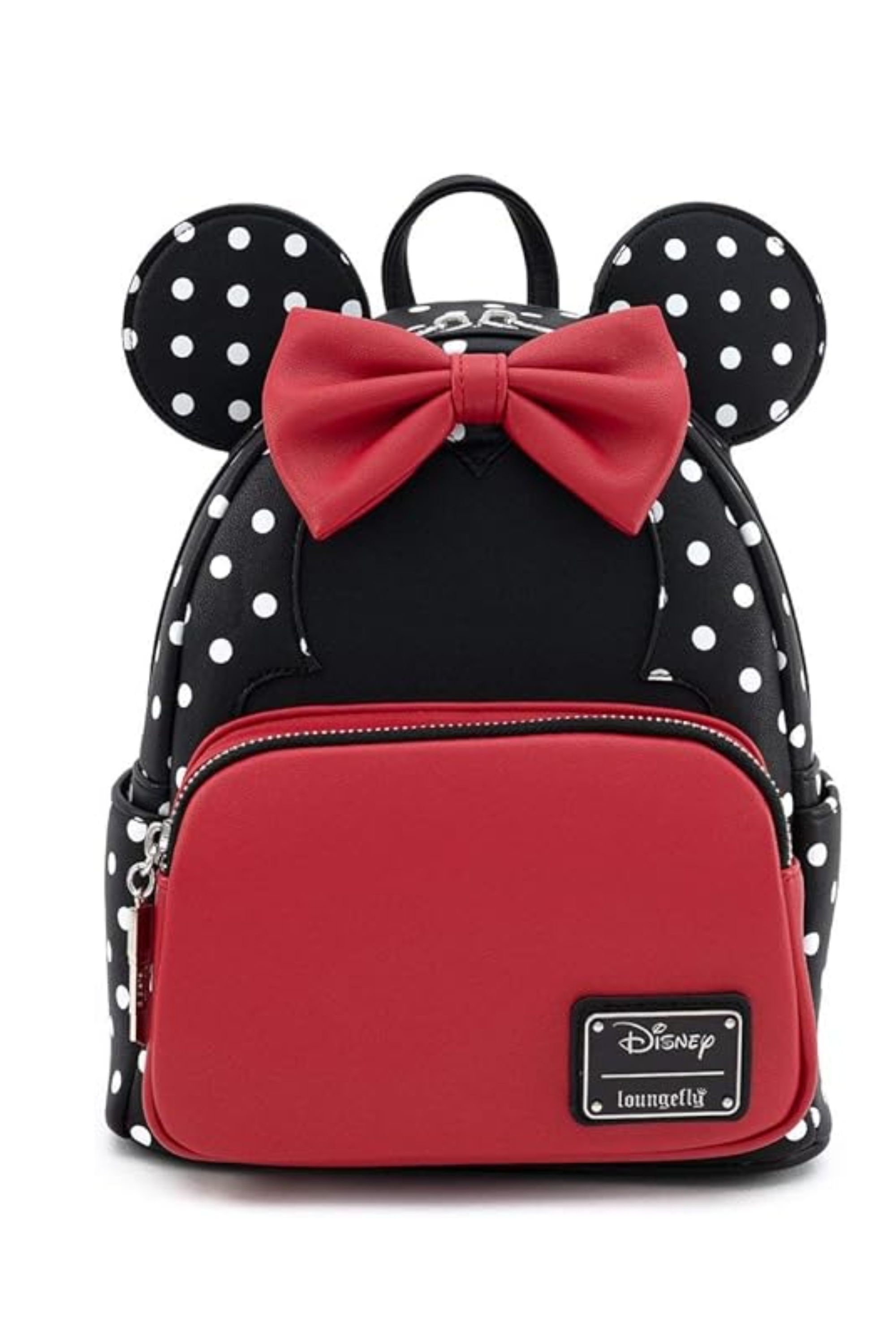 The Loungefly Minnie Mouse backpack designed off of her polka dot appearance.