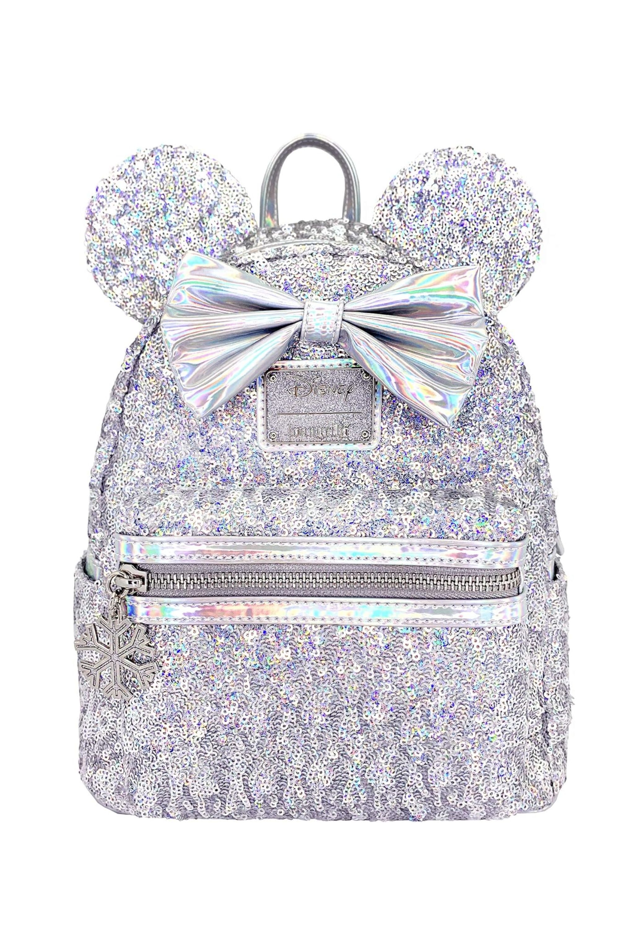 The promotional image for the Minnie Mouse Loungefly Sequin Backpack.