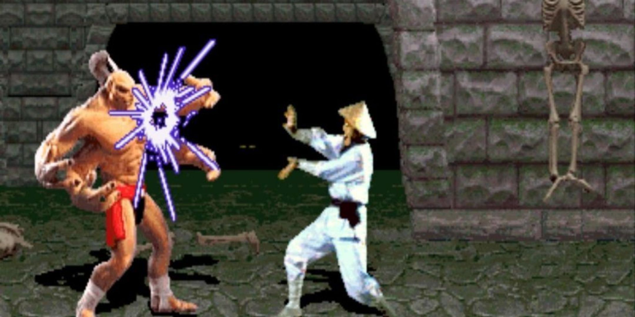 Mortal Kombat 1992 screenshot of Raiden blasting Goro.