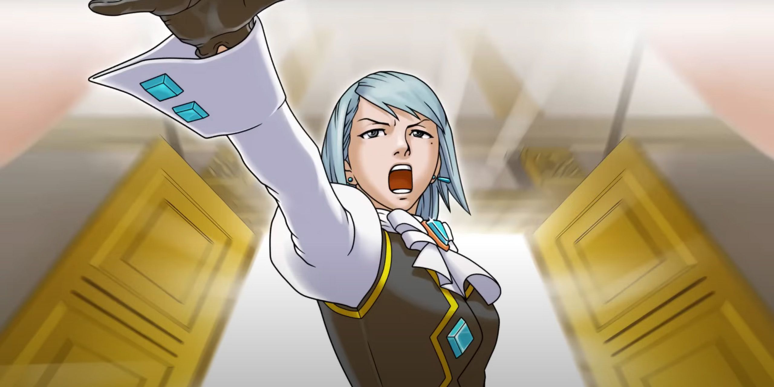 Franziska von Karma bursting into the courtroom from Phoenix Wright: Ace Attorney - Justice for All.