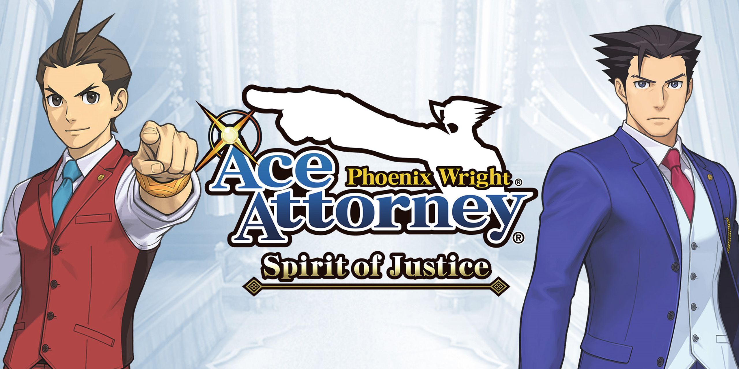 Apollo Justice and Phoenix Wright standing on either side of the logo from Ace Attorney Spirit of Justice.