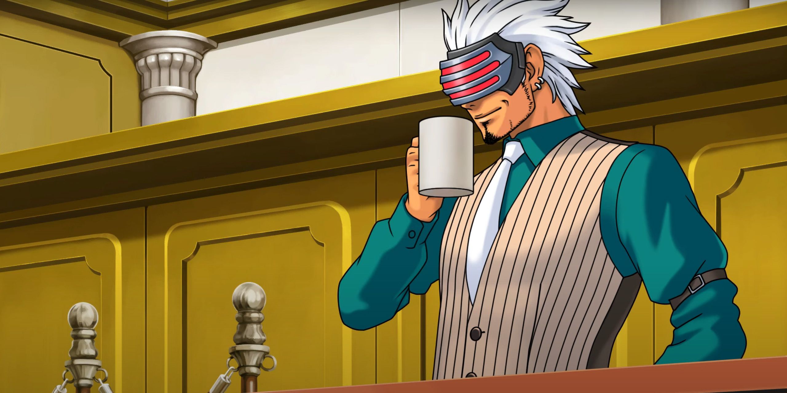 Godot drinking coffee in court from Phoenix Wright: Ace Attorney - Trials and Tribulations.
