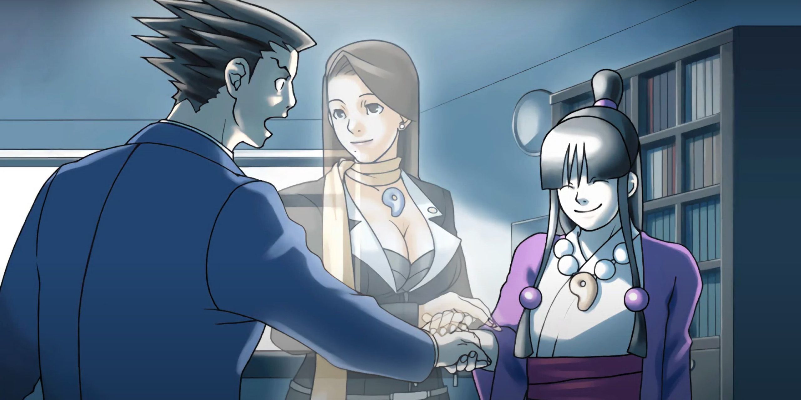 Phoenix Wright joining hands with Maya and Mia's Ghost.