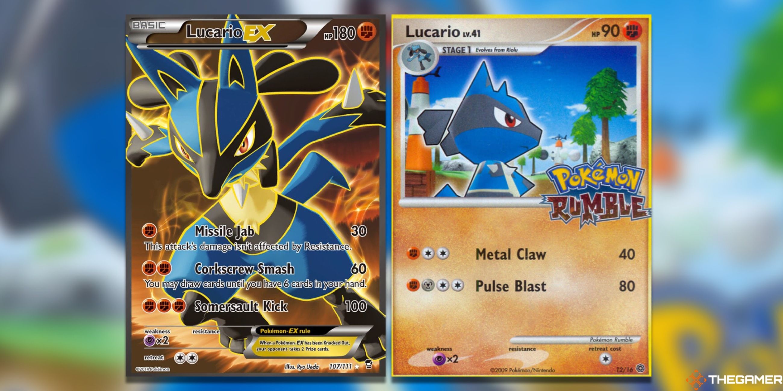 The Lucario Ex from Furious Fists and Lucario from Pokemon Rumble in the Pokemon TCG.