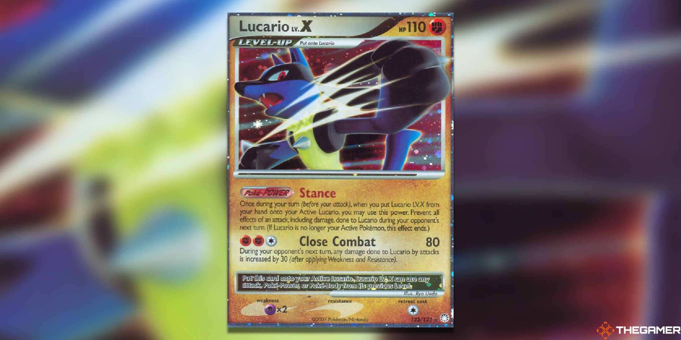 The Lucario LV. X from Mysterious Treasures in the Pokemon TCG.