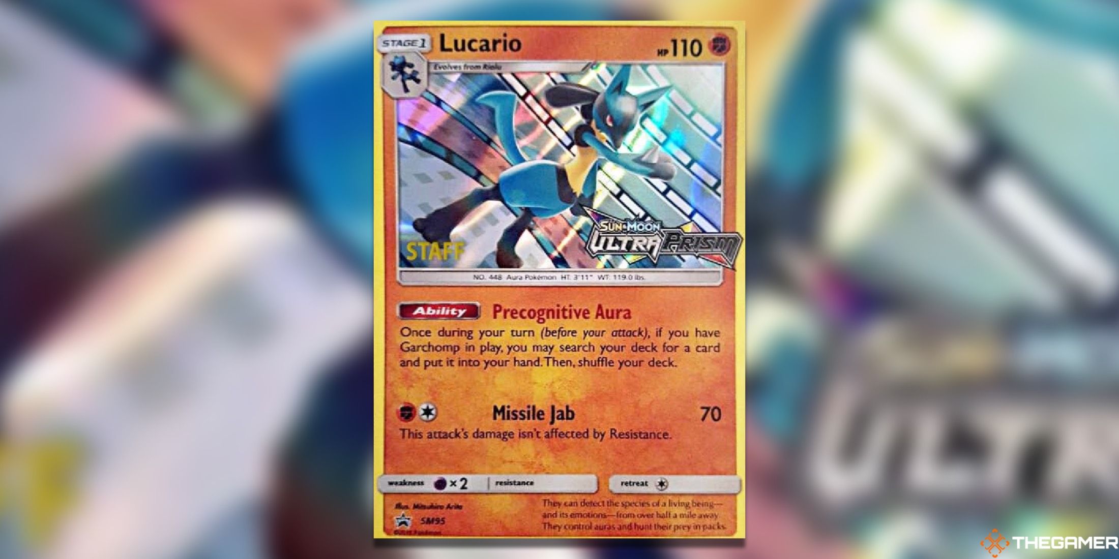 The Lucario Sun and Moon Ultra Prism Staff Prerelease Promo from the Pokemon TCG.