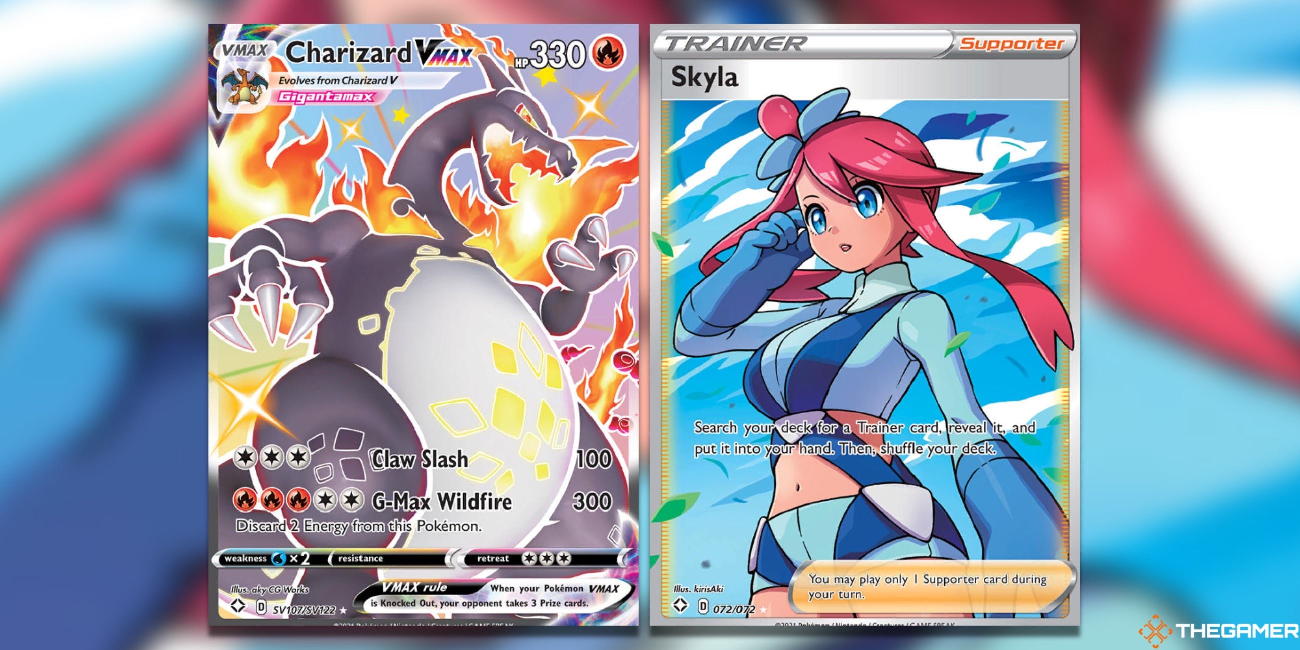 The Charizard VMAX and Skyla FA from Shining Fates in the Pokemon TCG.