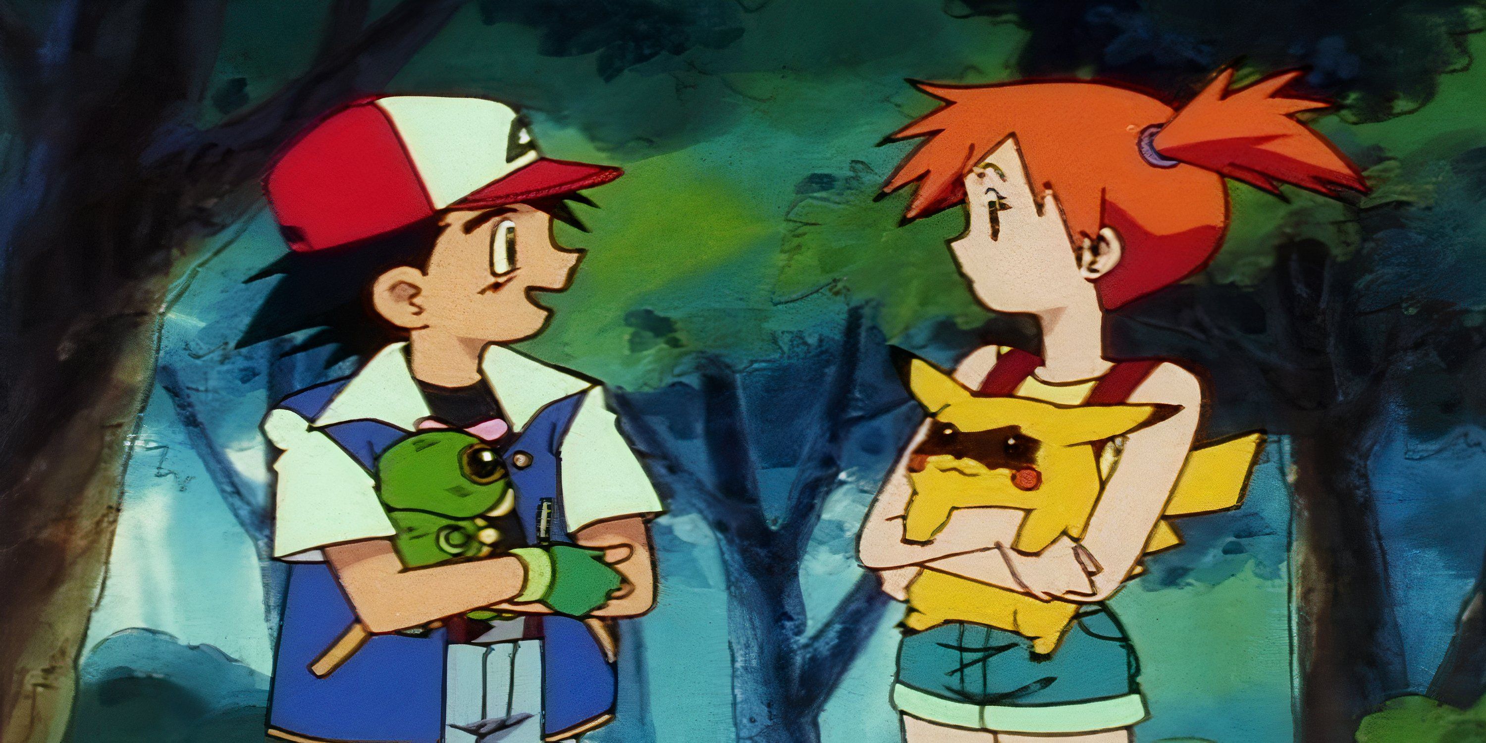 Ash holds Caterpie and looks at Misty while she holds Pikachu with ink on its face. 