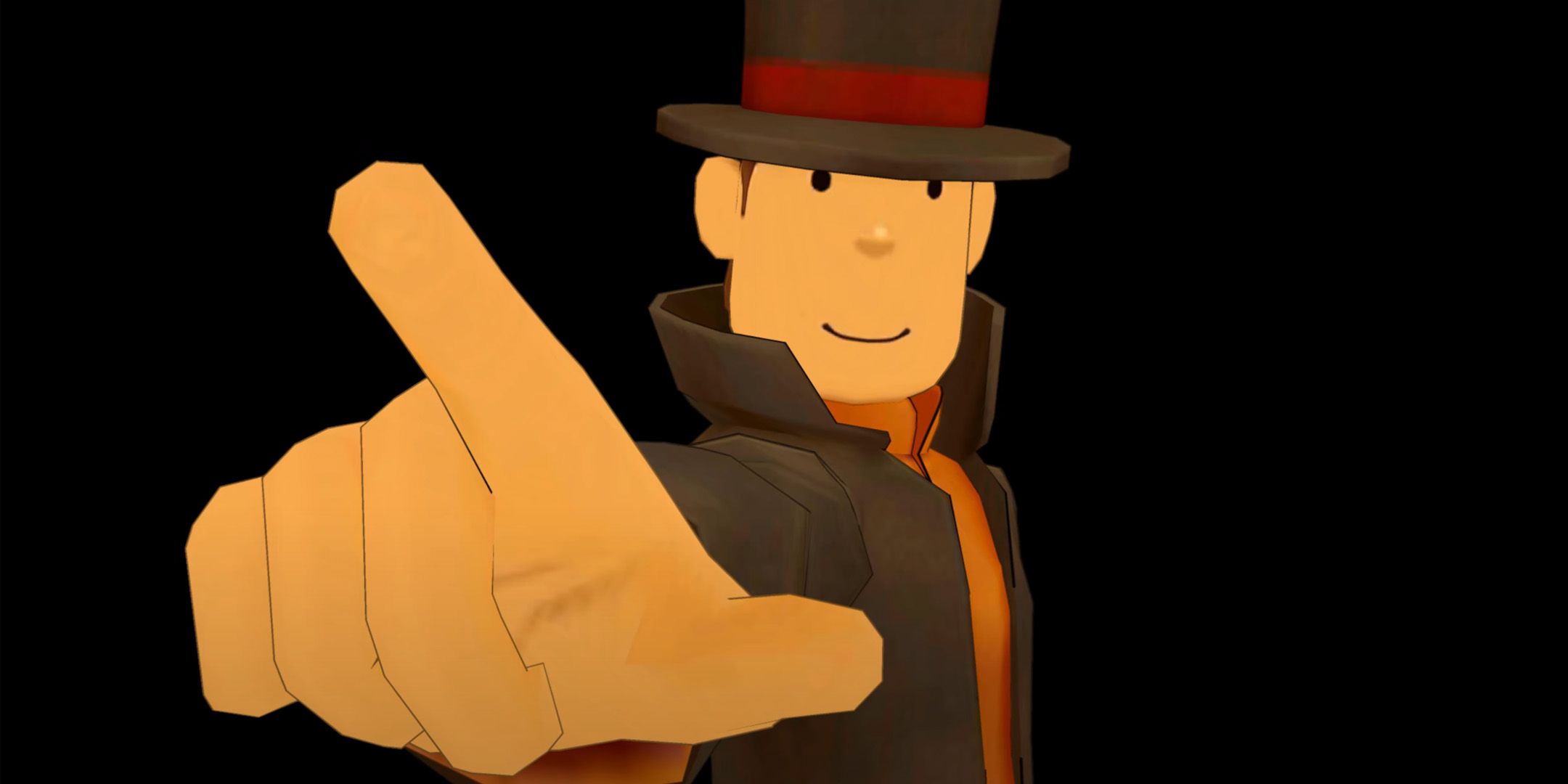 Hershel Layton pointing on a black background from Professor Layton vs. Phoenix Wright: Ace Attorney.