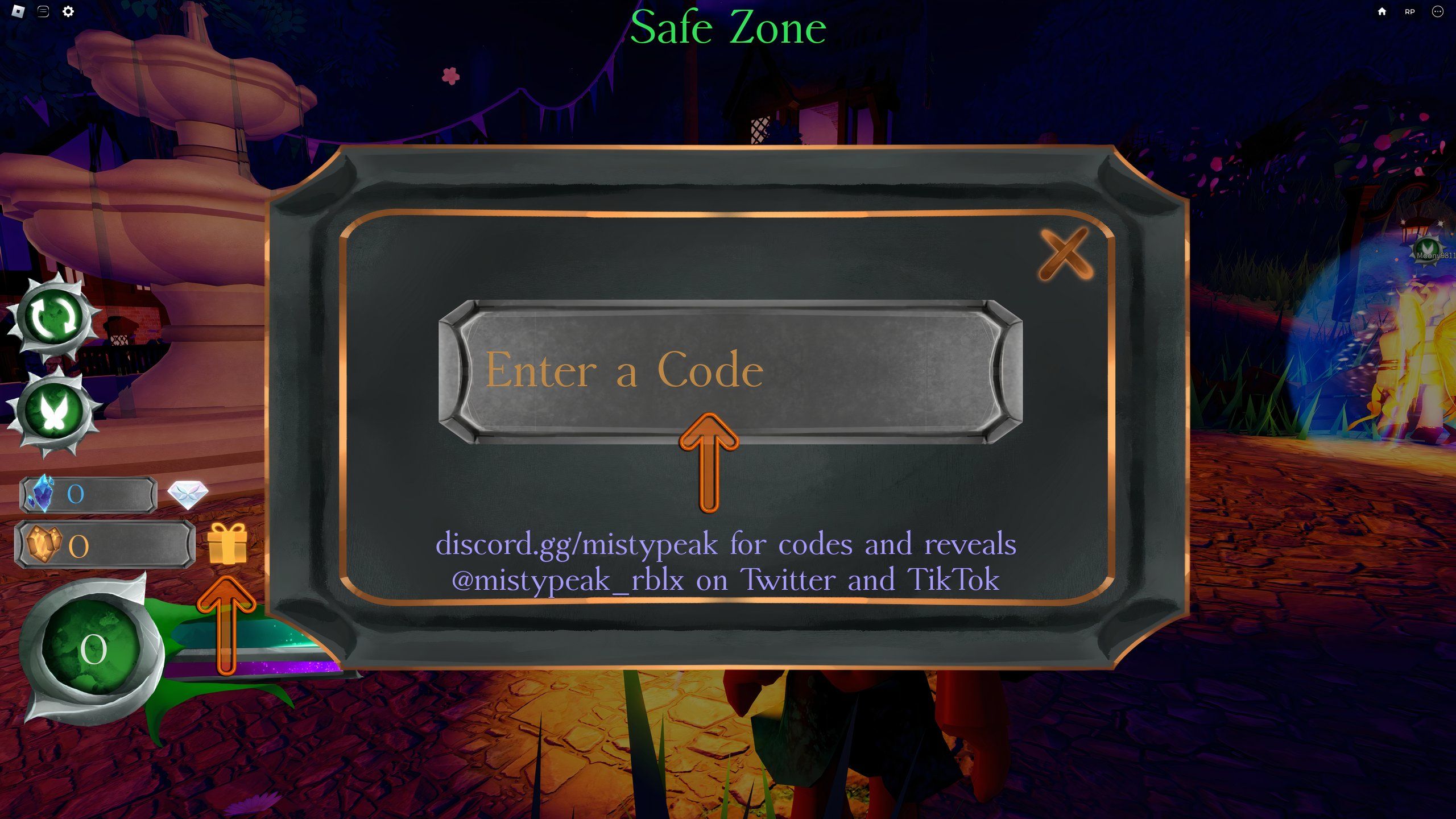 the codes box in Mistypeak on Roblox