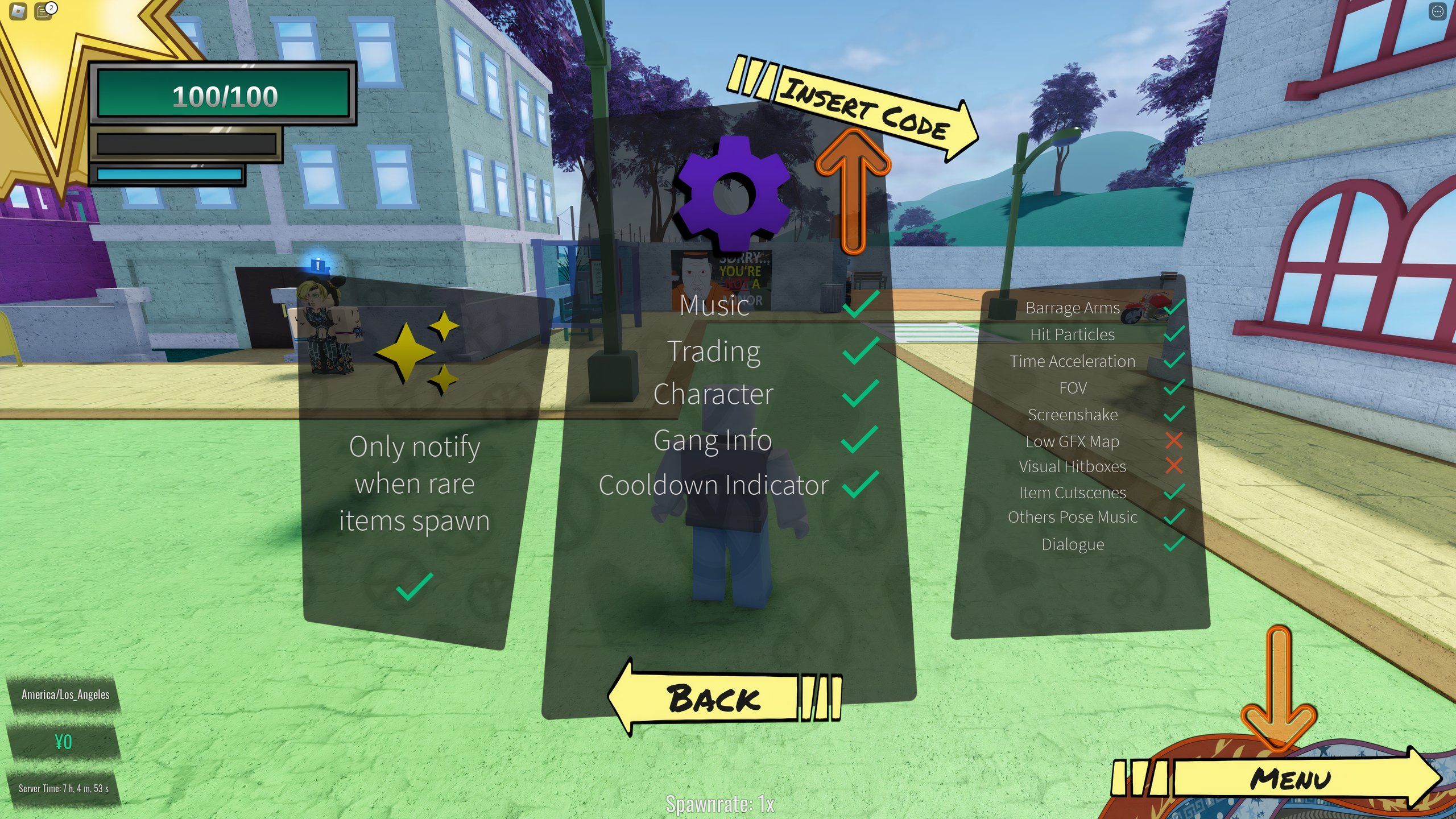 the settings menu in Project Menacing : Remake on Roblox