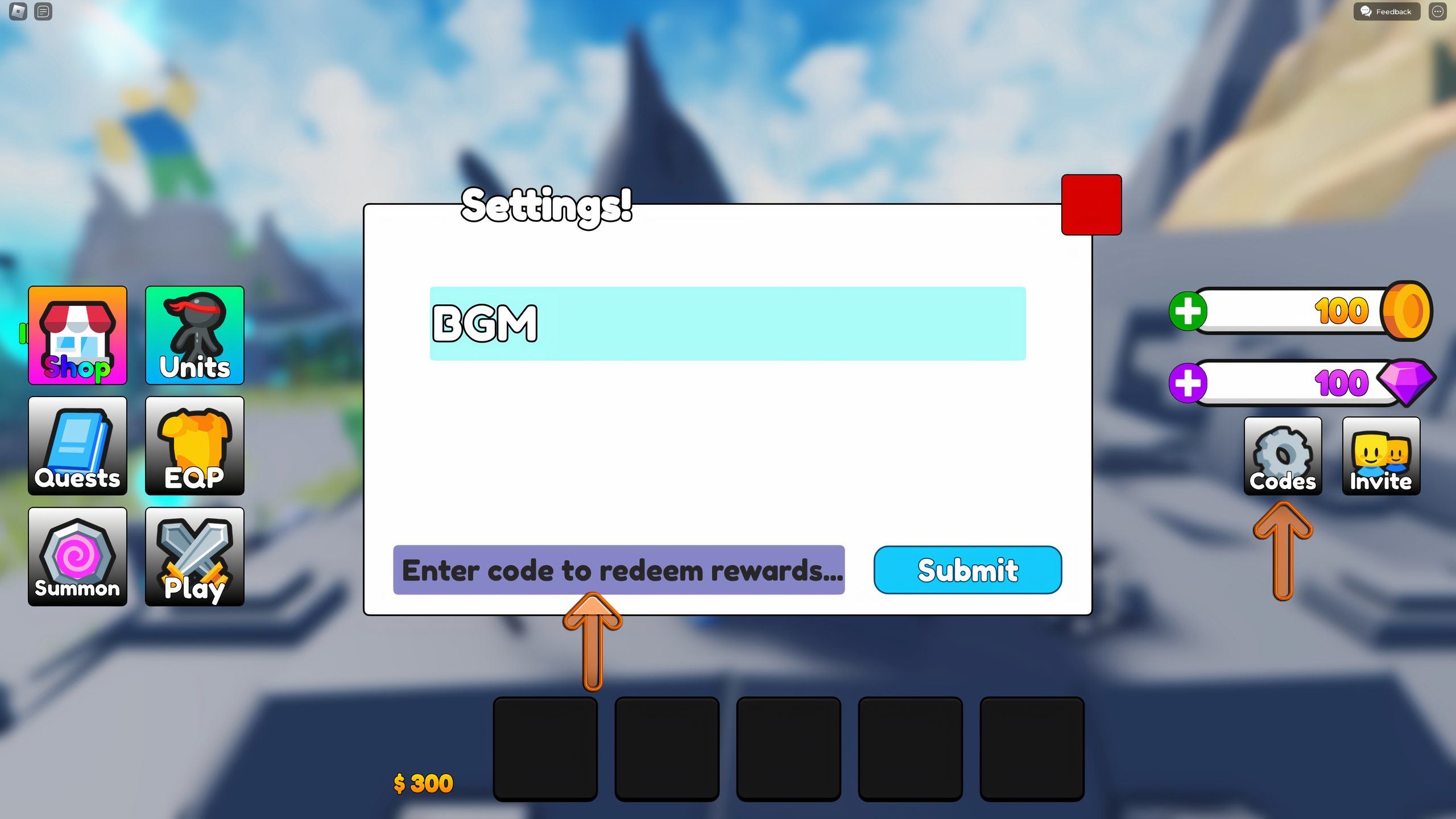 the codes box in Stickman TD on Roblox