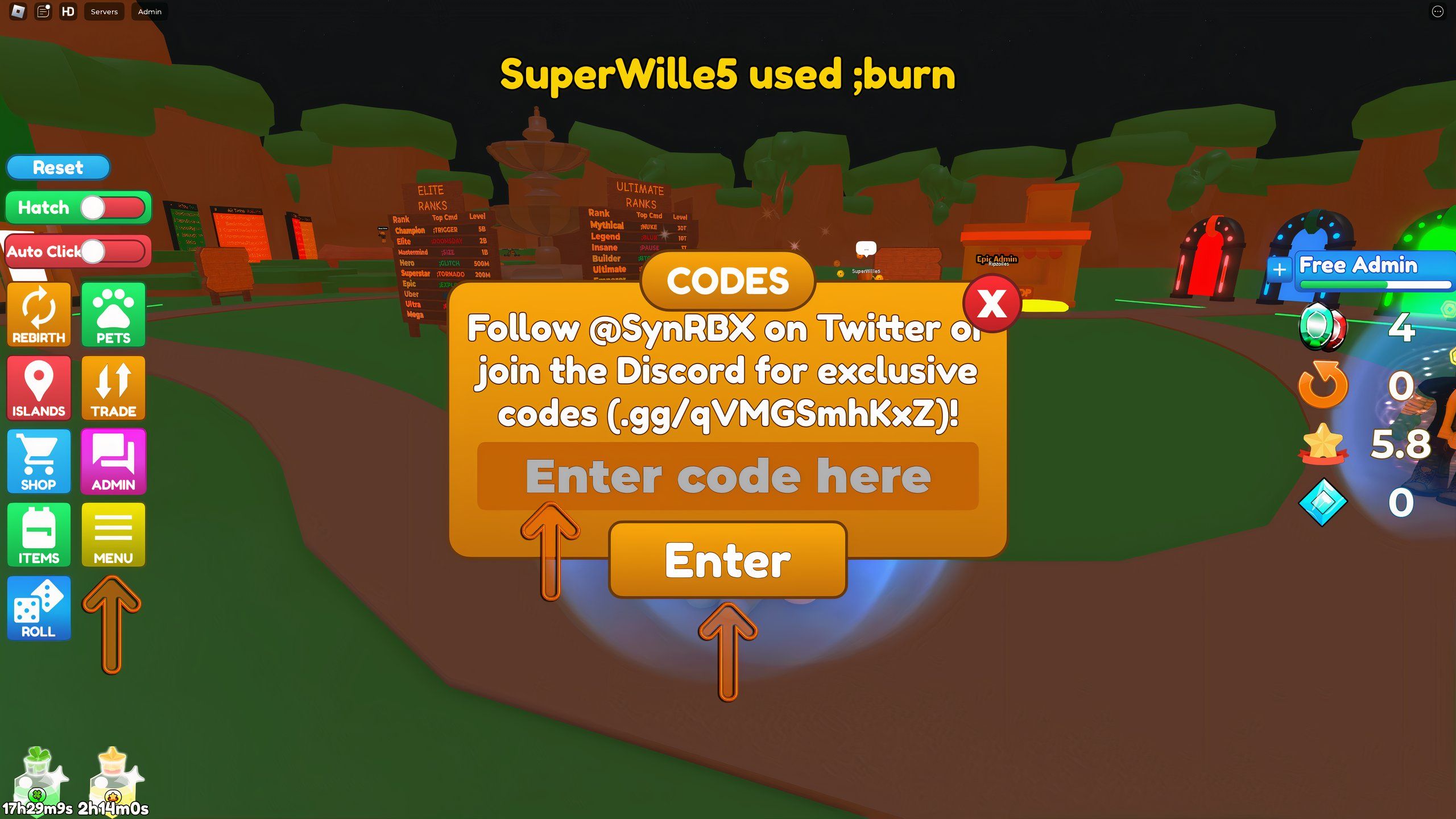 the codes box in Admin Simulator on Roblox