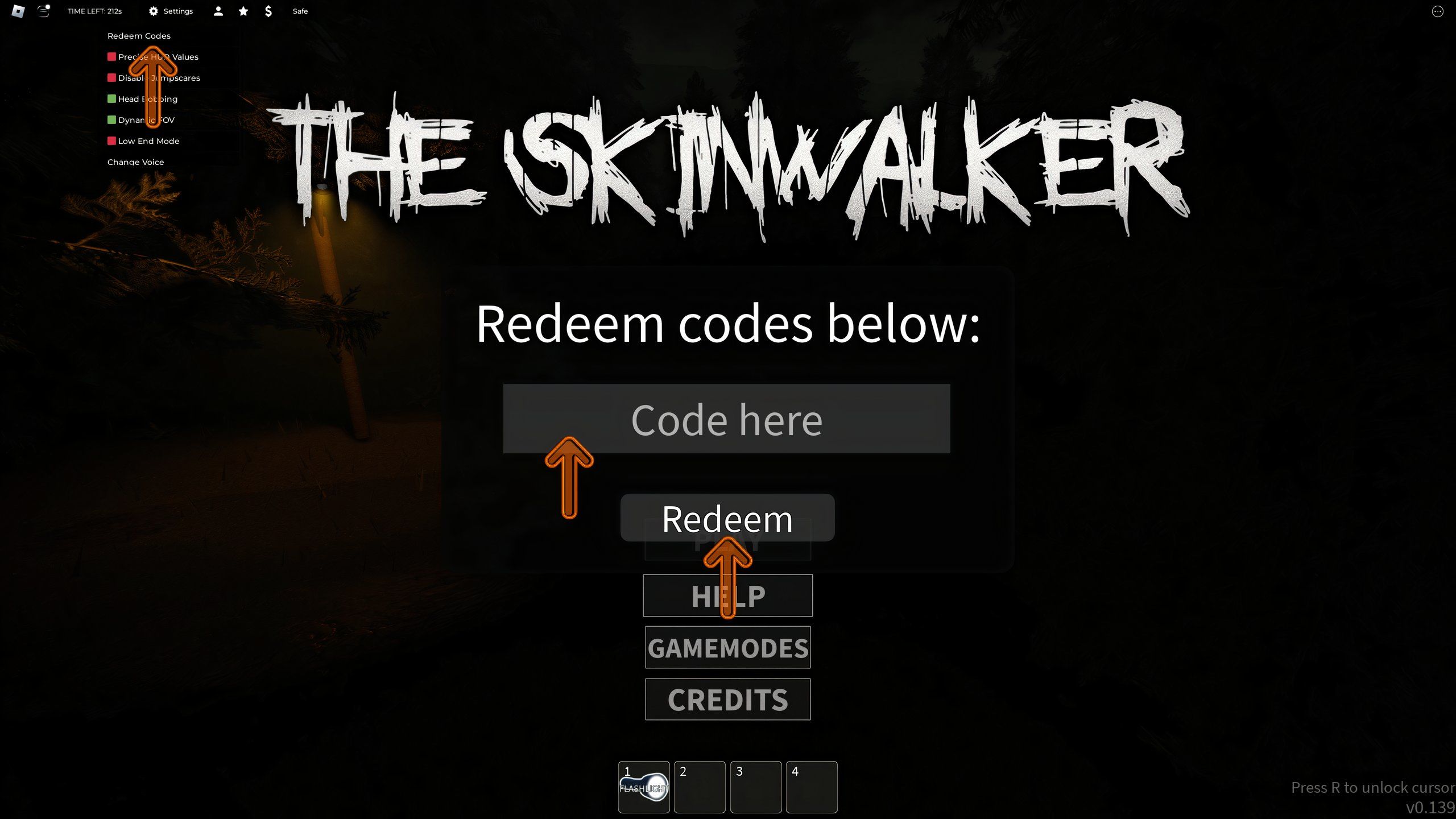 the codes box in The Skinwalker on Roblox