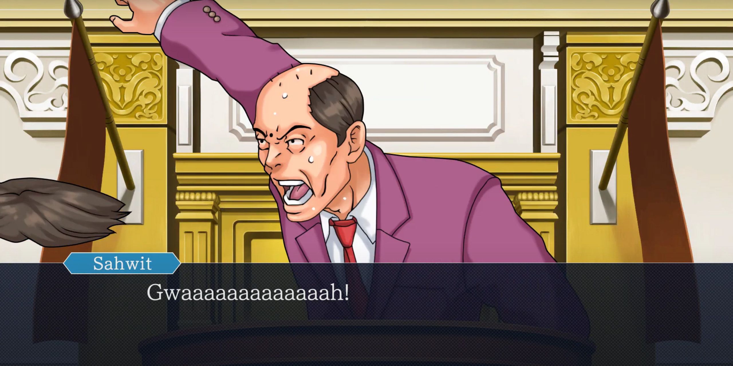 Frank Sahwit throwing his wig at Phoenix in Phoenix Wright: Ace Attorney.