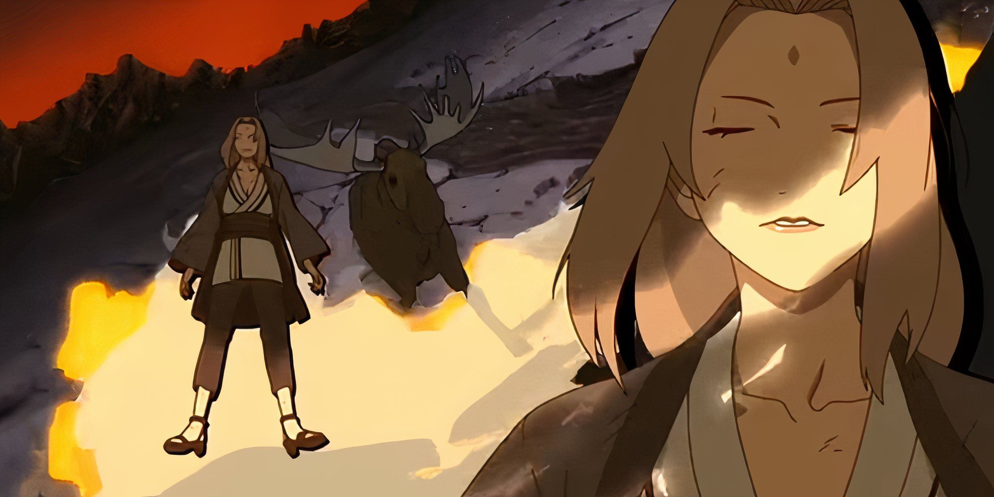 Tsunade from Naruto in front of the War arc backdrop.