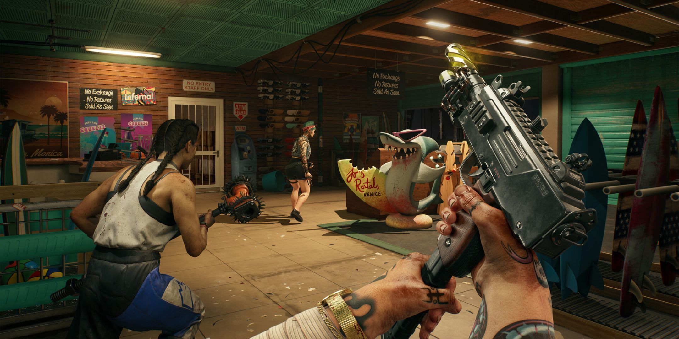 A player loads an SMG in a surf shop in Dead Island 2.
