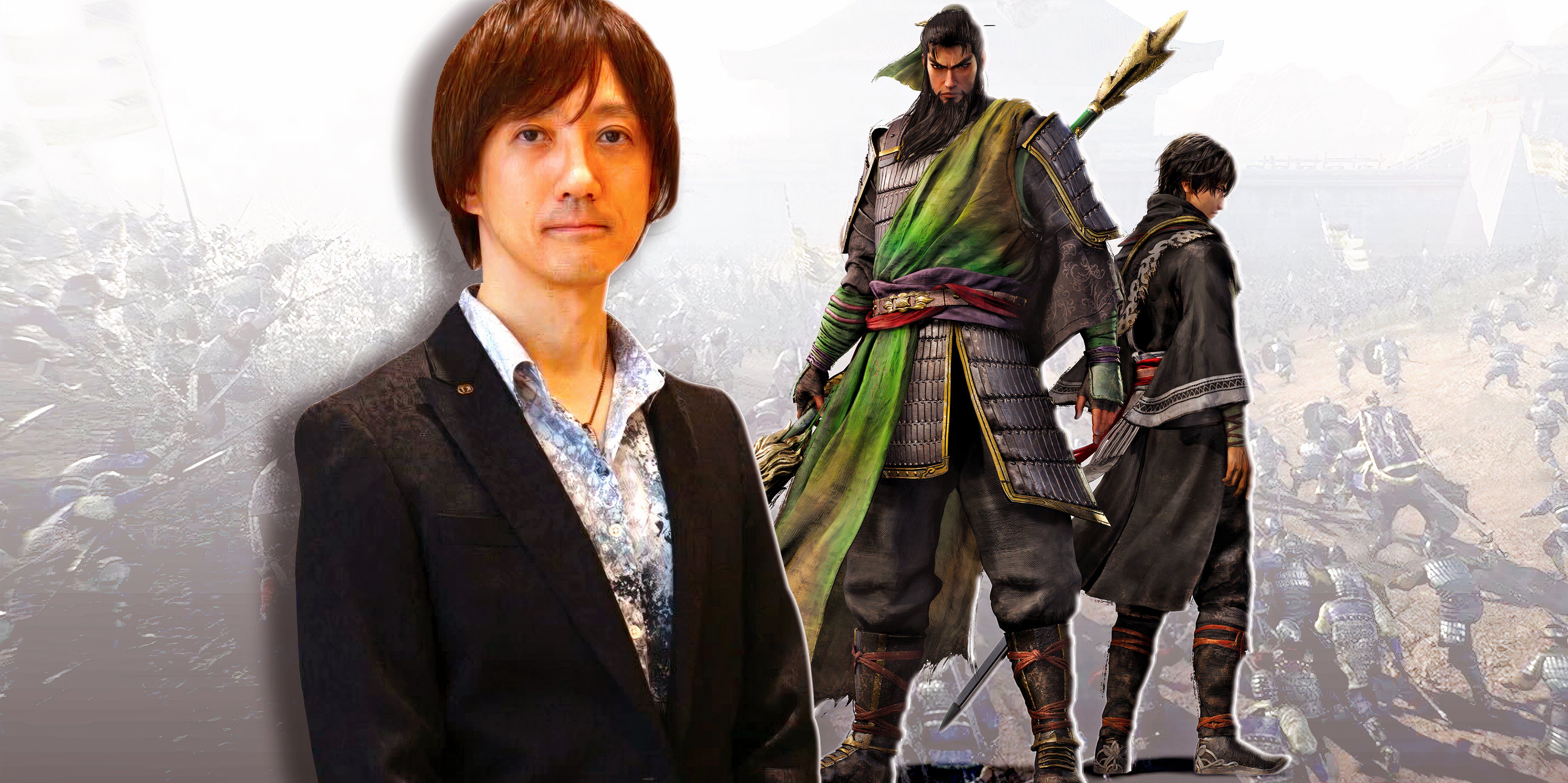 Dynasty Warriors producer Tomohiko Sho next to origins protagonist