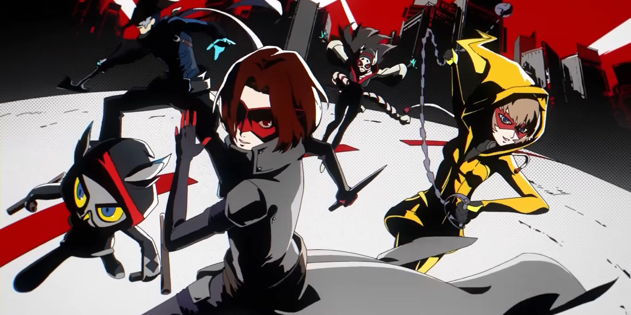 A group of masked teens in outfits dashing towards the camera
