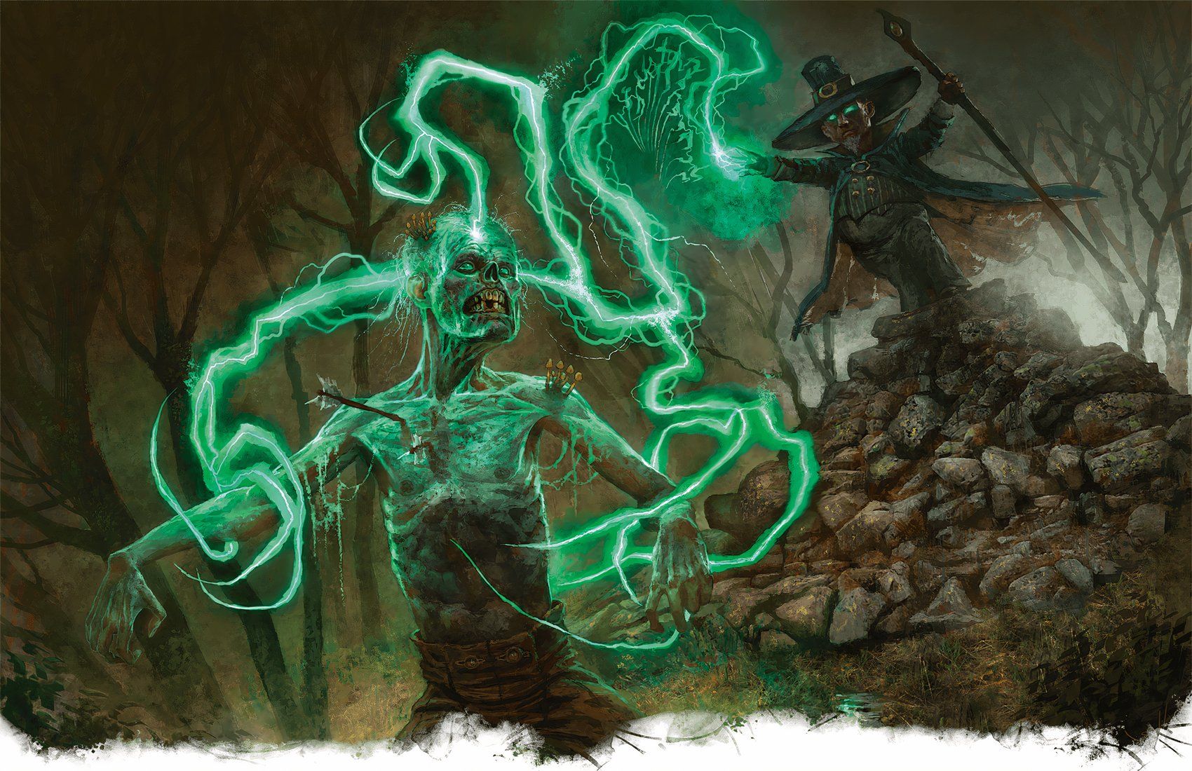 A halfling Warlock zaps a zombie with the grasping lightning of Witch Bolt by Helge C. Balzer