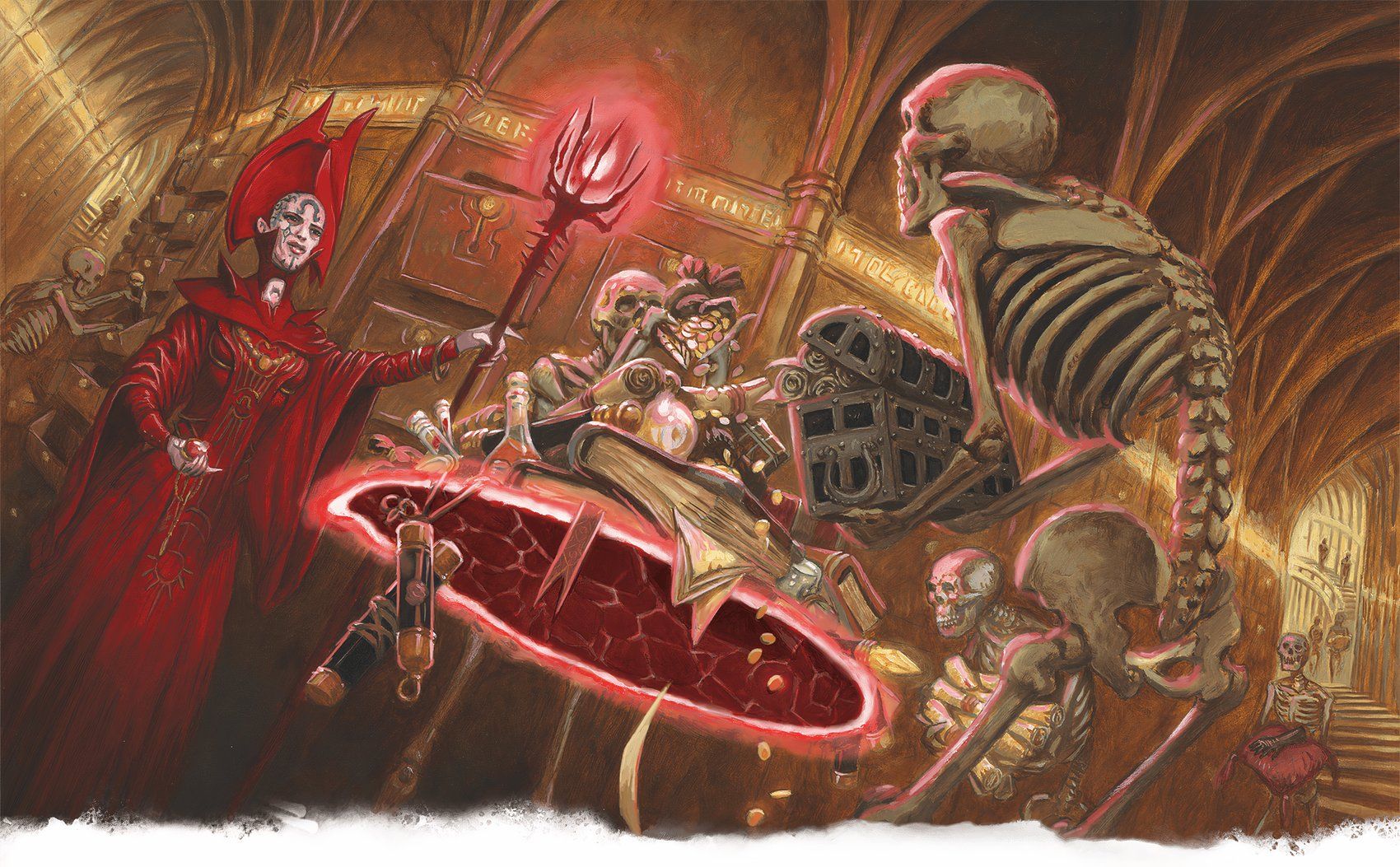 A Red Wizard of Thay orders skeletal servants to heap riches on the disk of Tenser’s Floating Disk by Ralph Horsley